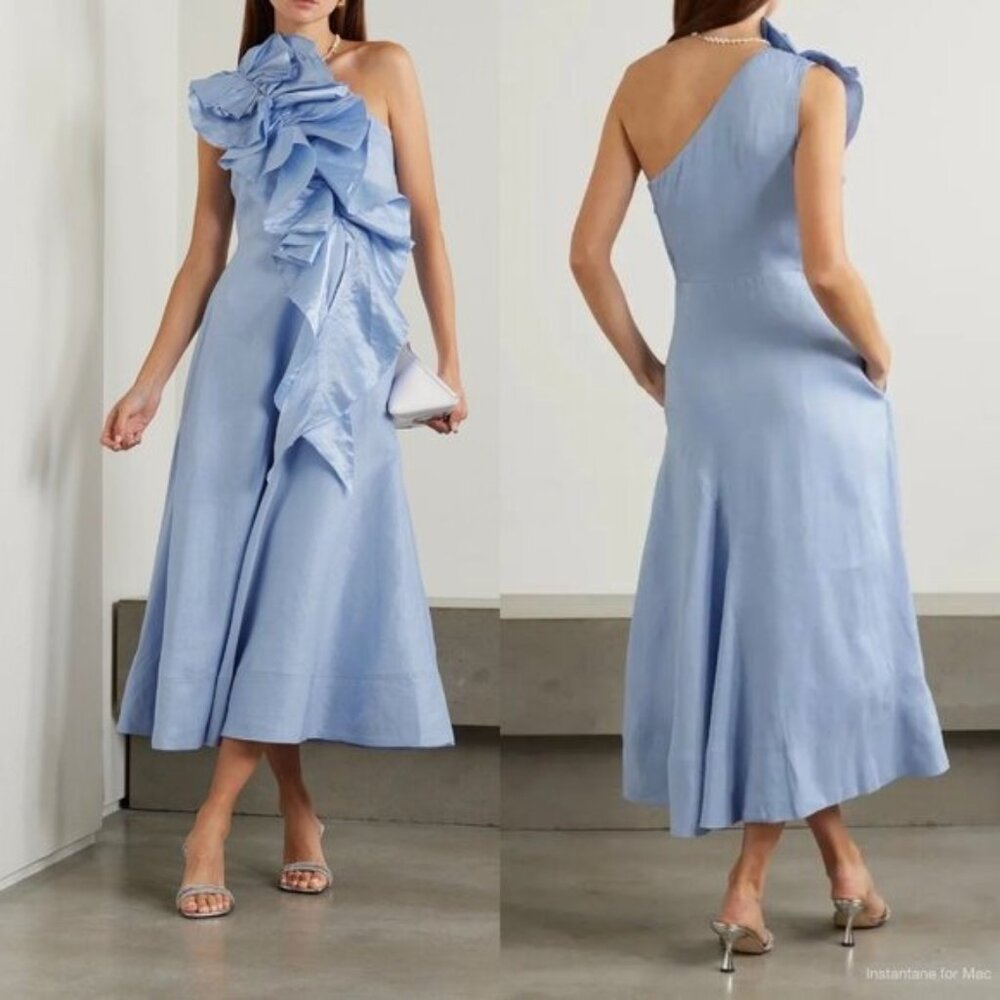 Aje Powder Blue One-Shoulder Midi Dress with Ruffle Detail